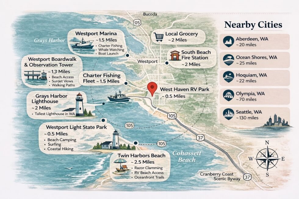 Map of Westport showing Westhaven RV Park and nearby attractions, beaches, and the marina